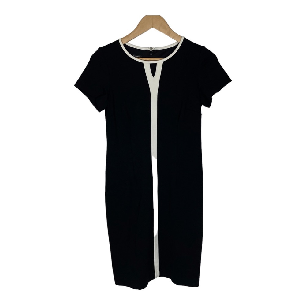 Talbots Solid Black With White Center Stripe Knit Sheath Dress‎ Size 2p